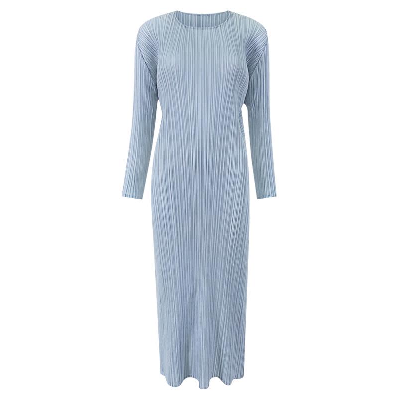 Классическое женское платье Miyake с длинными рукавами, облегающего кроя и разрезом – средней длины, однотонное, для весны и осени.