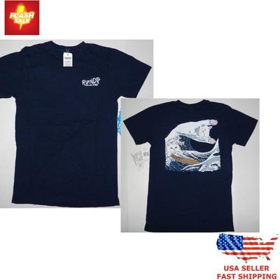 RIPNDIP Футболка с принтом The Great Wave Of Nerm, темно-синяя, с кошкой, новая, унисекс