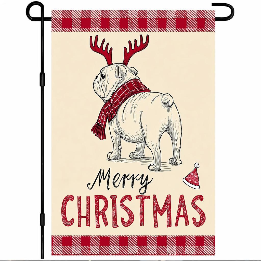Holiday Garden Flag Featuring a Bulldog in a Red Sweater with Antlers, Measuring , Designed for Outdoor Winter Decor with a Buffalo Plaid Border, Suit