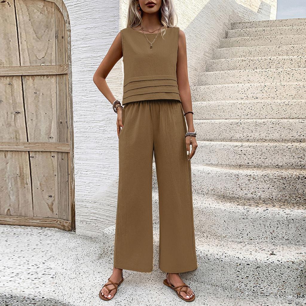 Женский модный повседневный однотонный короткий топ без рукавов с эластичной резинкой на талии, комплект из двух предметов