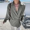 Oversized Men Lapel Neck Long Sleeve Side Button Irregular Casual Shirts