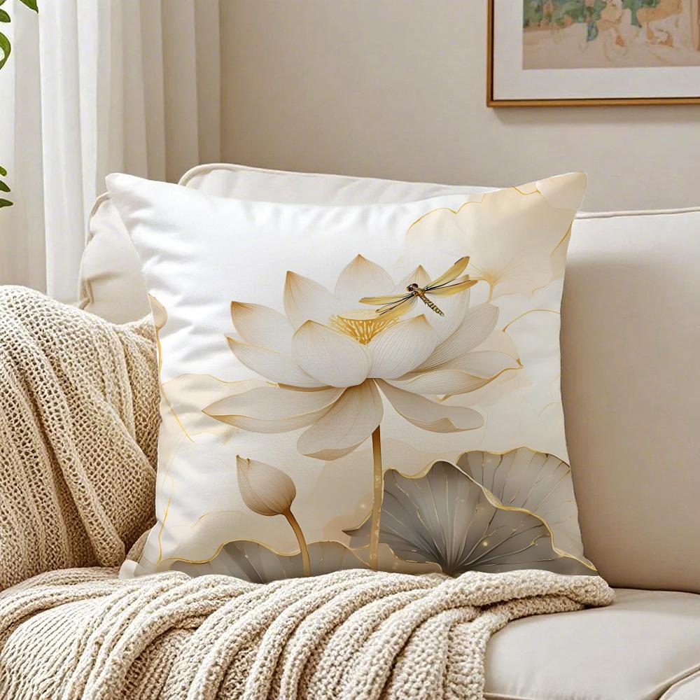 Simpl Pretty Golden Lotus Cushion Cover Breathable Short Plush Pillow Cases Machine Washable Wrinkle-Resistant Soft Durable