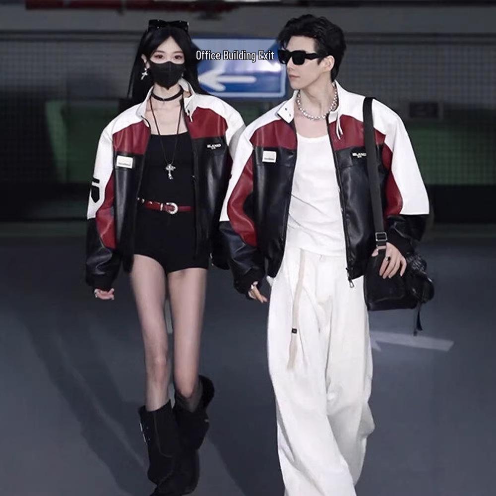 Стильная мужская красная кожаная мотоциклетная куртка в стиле пэчворк - Весна/Осень Ретро Дизайн для Пар