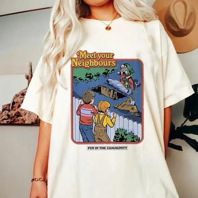 Футболка Сатана Дьявол Ужас Дьявол Ретро Футболка 2024 Женский Классический Ужас Мультяшный Топ Харадзюку Повседневная Белая Футболка.