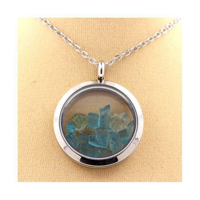 Stones and Minerals. Raw Paraiba Apatite Necklace. 25 Mm Medallion Model. Color Silver.