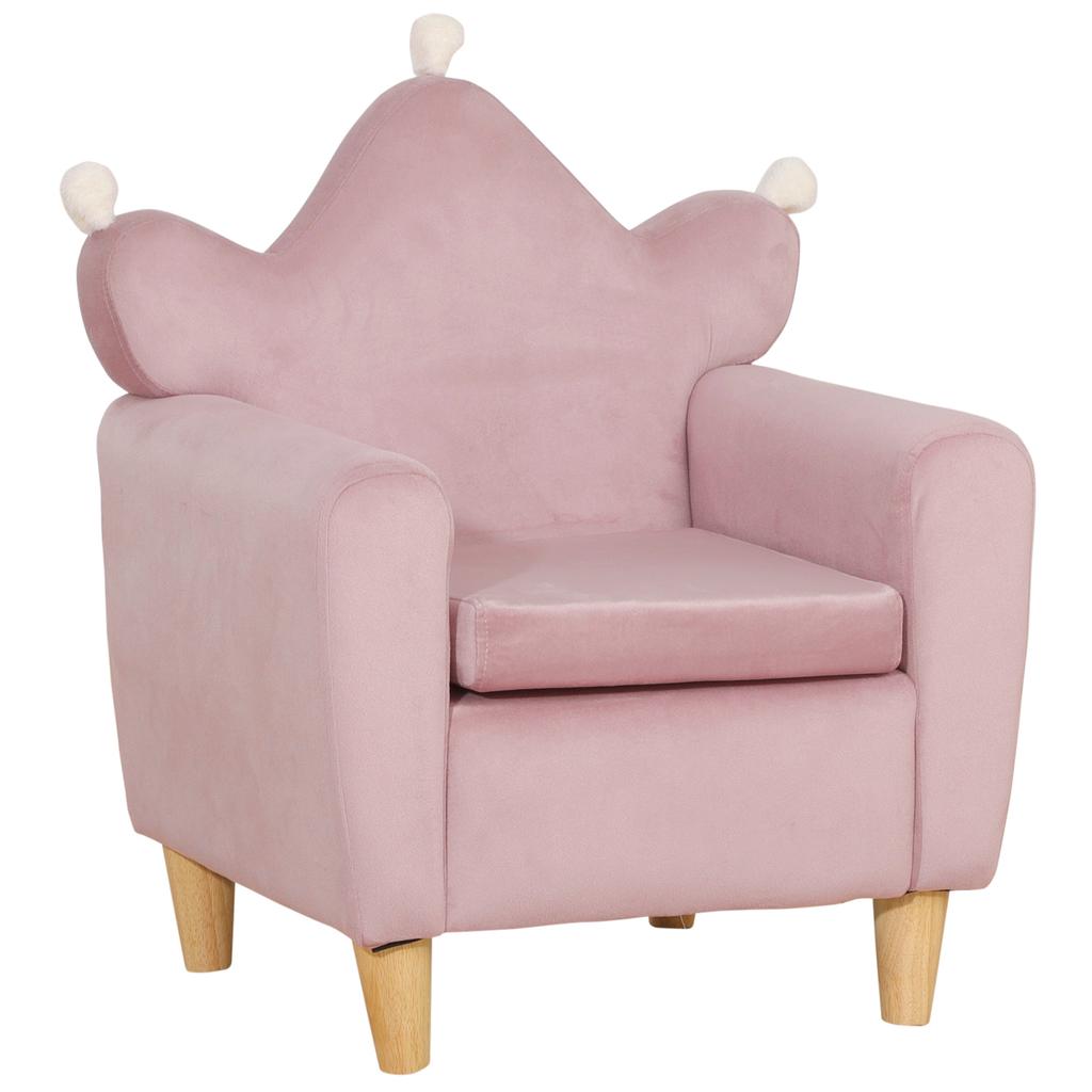 Pink Velvet-Effect Children's Armchair with Crown Backrest. 50.2x41.9x57.8cm