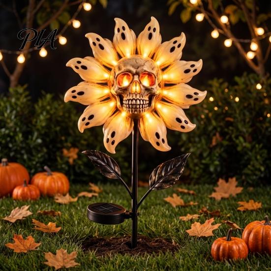 Durable Resin Lawn Sculpture Solar Powered Skull Sunflower Light, Waterproof Garden Stake Weather Resistant Outdoor Porch Decor Halloween Yard