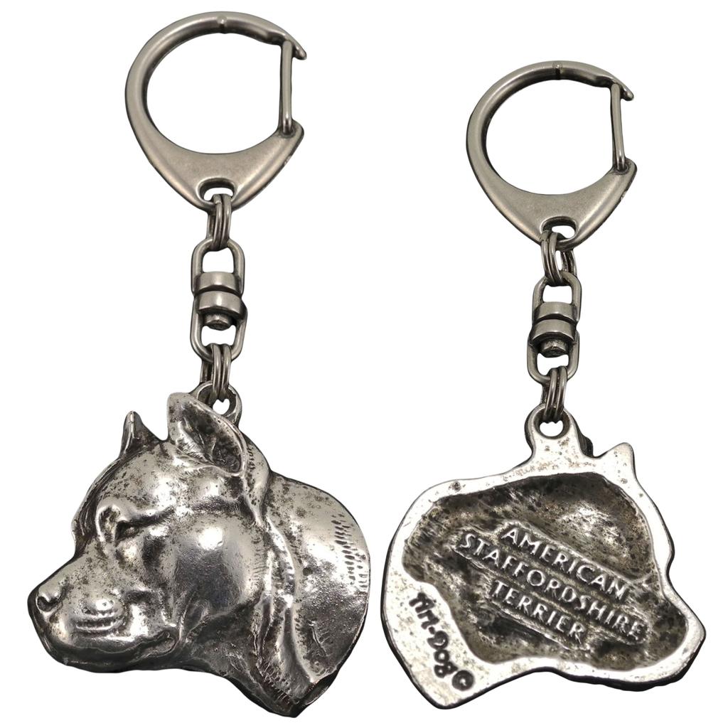 American Staffordshire Terrier, Amstaff II - Silver-plated Key Ring with a Dog In a Gift Box, Handbag Decoration, Backpack Pendant by Art-Dog Brand