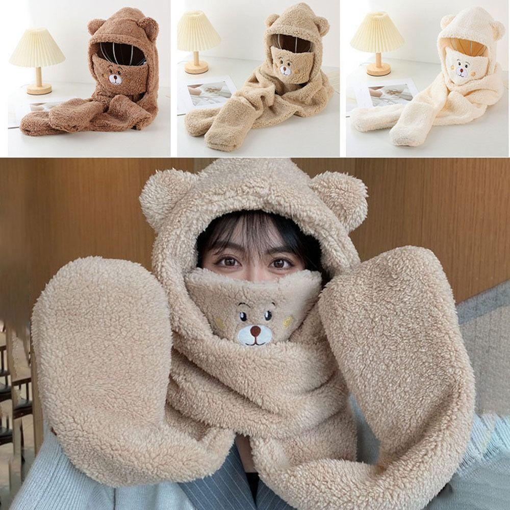 Winter Warm Women Beanies Caps Cute Bear Ear Integrated Cap Scarf Ear Protection Caps  Cycling