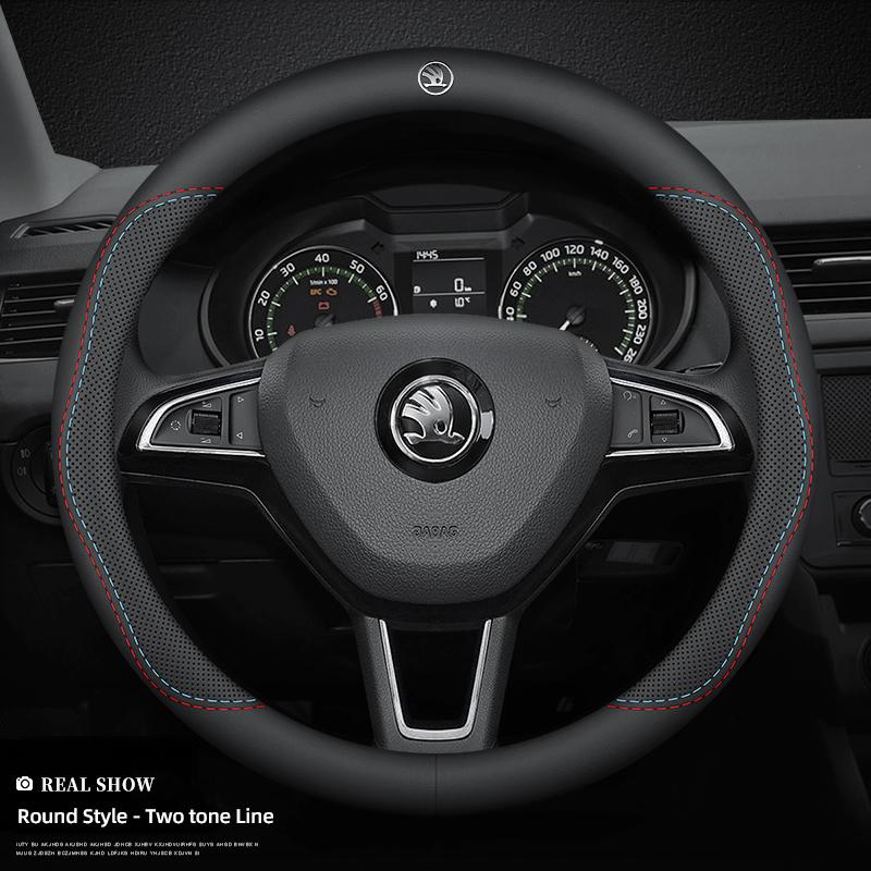 gaxjz5 Car Leather Steering Wheel Cover Anti-slip Accessories For Skoda Yeti Kamiq Kodiaq Karoq Octavia Fabia Rapid Vrs Superb A4 Scala
