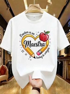 Casual Pencil MAESTRA Print Teachers Girl T-shirts Casual Short Sleeve Womens T-shirt Round Nec