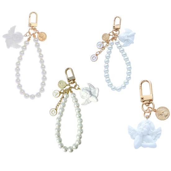 Keychain Pendant Faux Pearl Luxury Angel Letter Round Tag Stainless Alloy Exquisite Anti-lost Shoulder Bag Schoolbag Decoration Pendant Key Holder