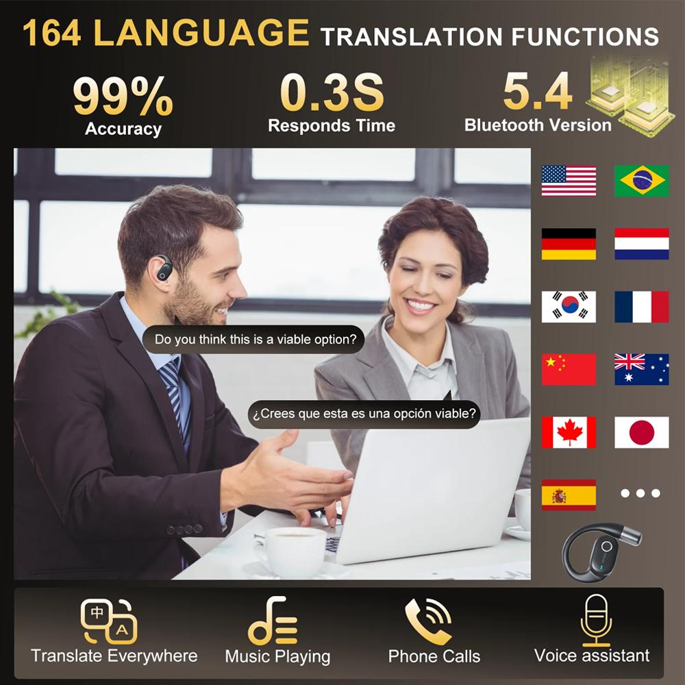 KOUO Open Bluetooth Earphones 164 Languages Real Time Translator Headphones Wireless Earbuds for Travel Learning Sports Gaming