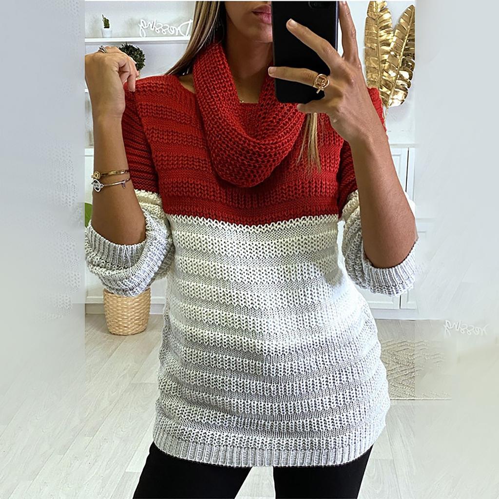Ladies Casual Loose Round Neck Bib Color-blocking Long-sleeved Knitted Sweater