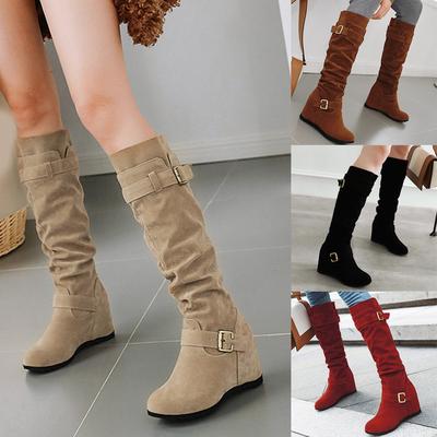 Женские сапоги до колена в стиле ретро на танкетке с пряжкой, повседневные длинные ботильоны без шнуровки