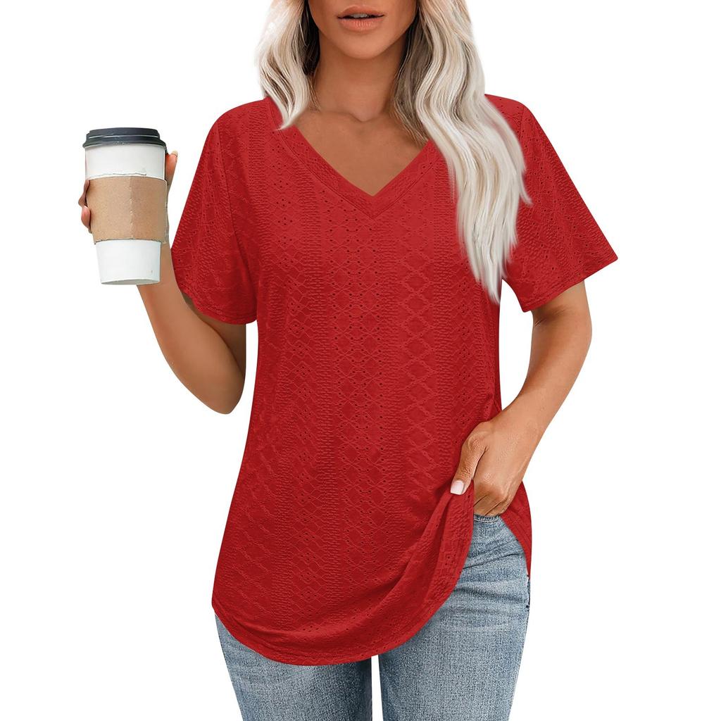 Womens T Shirts V Neck Short Sleeve Casual Tops Loose Fit Basic Tees With Curved Hem
