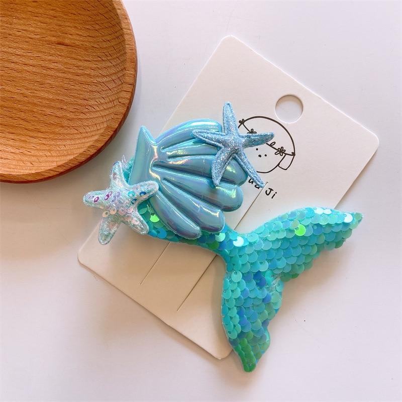 1 шт., заколки для волос с рисунком русалки, морской звезды, ракушки для девочек, детские заколки с лазерными блестками, детские заколки для волос, блестящие головные уборы, аксессуары для волос