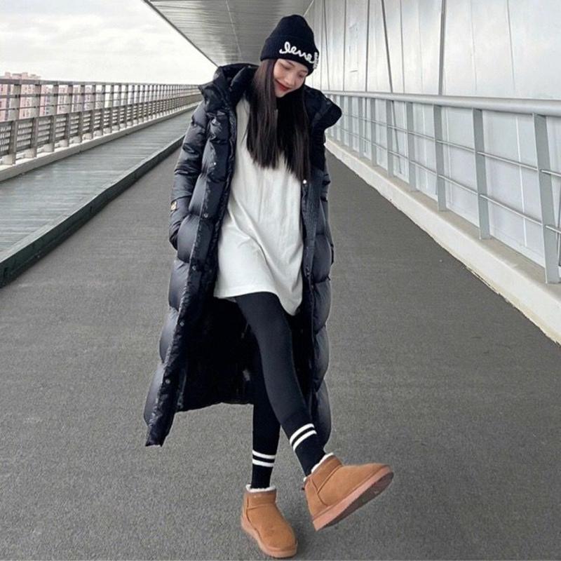Women's Winter Autumn Hooded White Duck Down Jacket Coat Loose Long Solid Color Big Pocket Windproof Down Coat