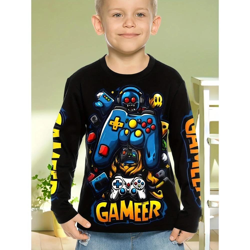 Spring and Autumn Round Neck 3D Gamepad Pattern Printed Top Fashionable Casual Long Sleeved Children's Boy T-shirts