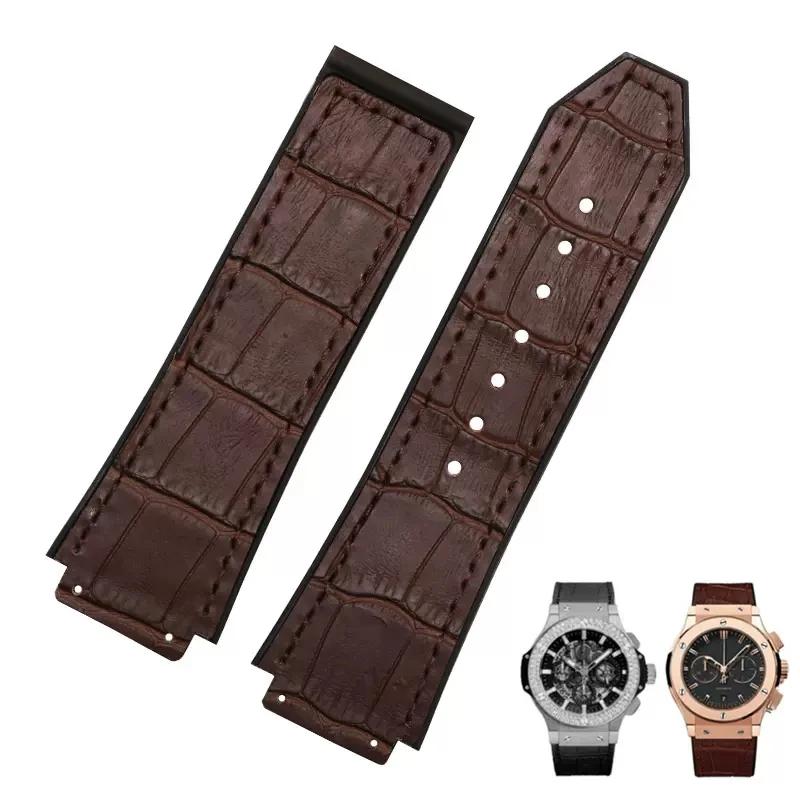 26x19 мм Настоящая Коровья Кожа Резина Ремешок для Часов для HUBLOT Classic Fusion Universe Big Bang Серии Мужской ремень Ремешок для Часов Бабочка Пряжка