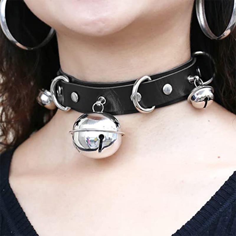 Gothic Punk Choker with Bell Hoop Collar PU Necklace Vintage Retro Harajuku Rock Steampunk Necklace for Women Men Adjustable