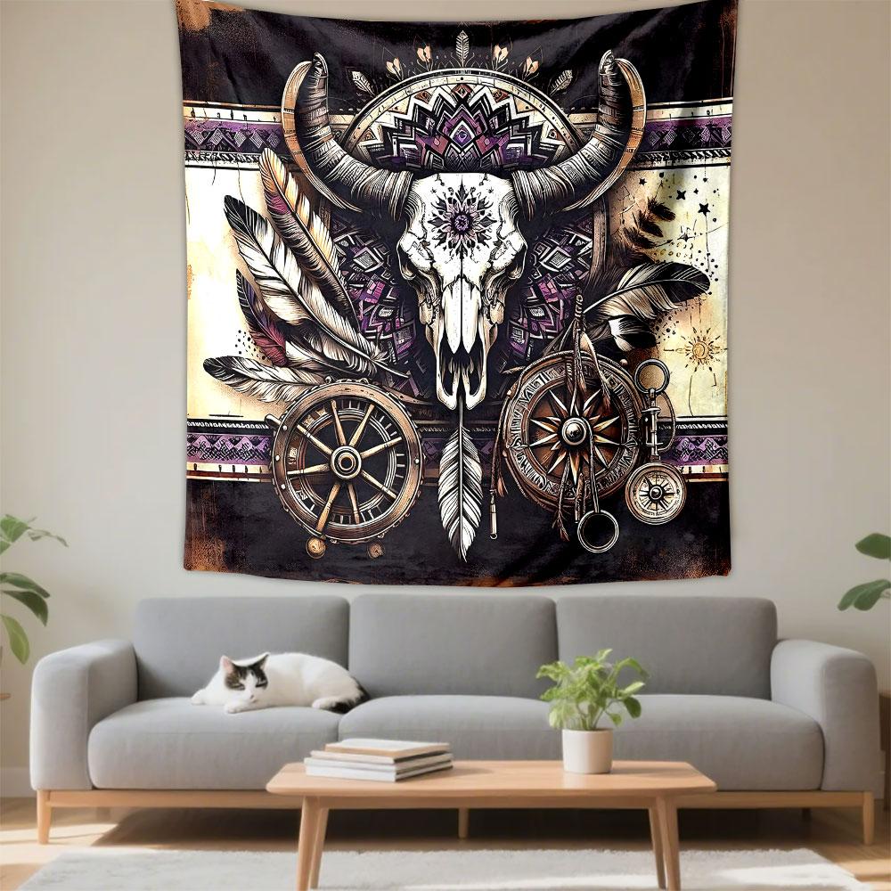 "Boho Skull with Feathers and Mandala" Patterned Tapestry Decorative Wall Hanging, Home Bedroom Living Room Decor