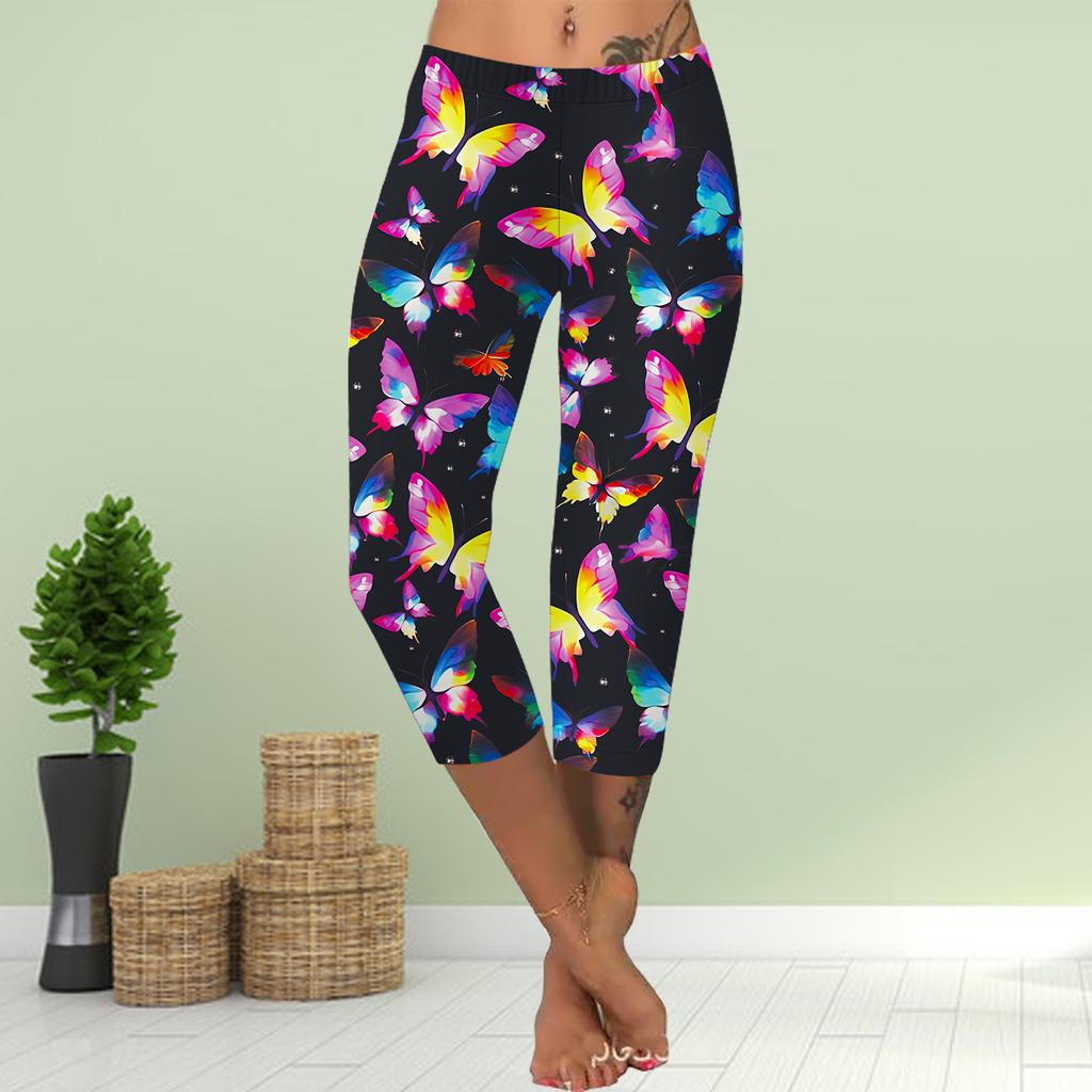 Брюки летние короткие леггинсы укороченные узкие брюки леггинсы больших размеров женские облегающие брюки с принтом 3D Golden Butterfly