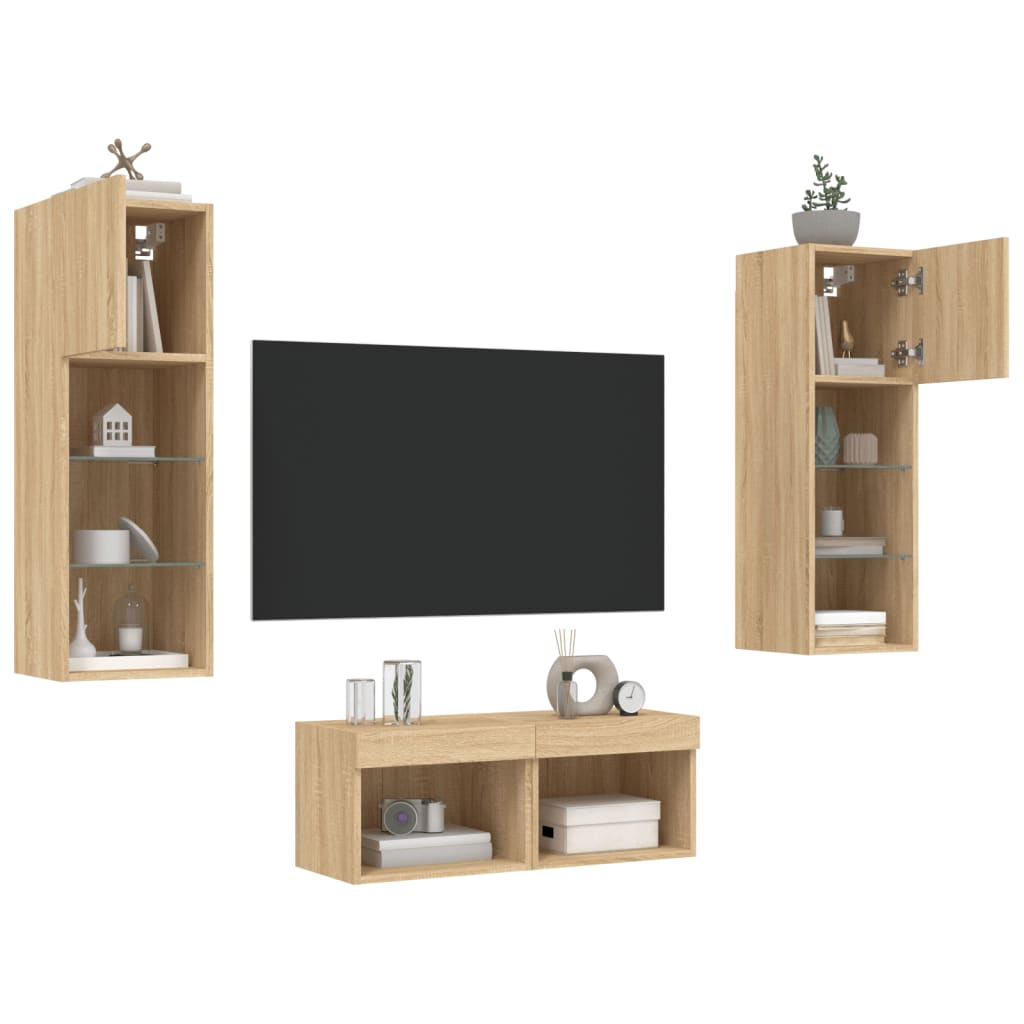 Vidaxl 4-Cz. Zestaw Mebli Tv Z Oświetleniem Led, Dąb Sonoma