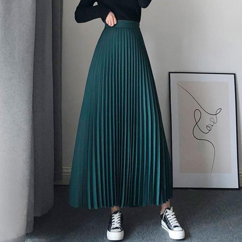 Плиссированные юбки А-силуэта женские корейские модные элегантные длинные женские юбки-фалды с высокой талией синие макси-юбки