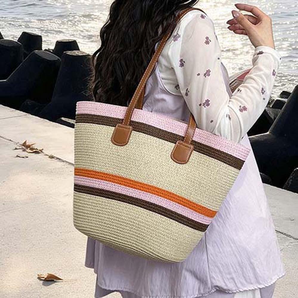 Large Capacity Shopping Straw Bag Polyester Summer Beach Handbag Stripe Woven Tote Bag Female
