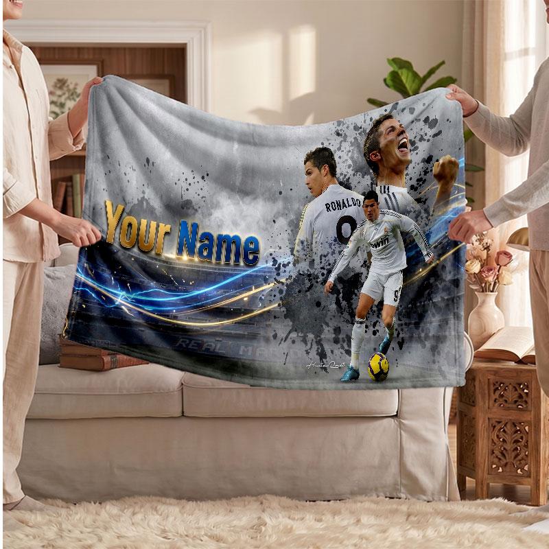Cristiano Ronaldo Personalized Fleece Blanket With Football Logo, Custom Name Text Soft Warm Home Throw Blanket