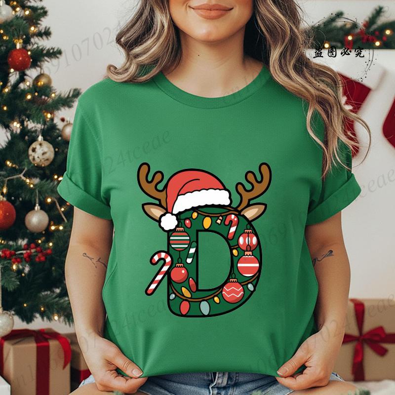 Модная футболка с принтом Праздничная рождественская буква алфавита в шапке Санты Женская футболка с короткими рукавами и круглым вырезом Женская одежда
