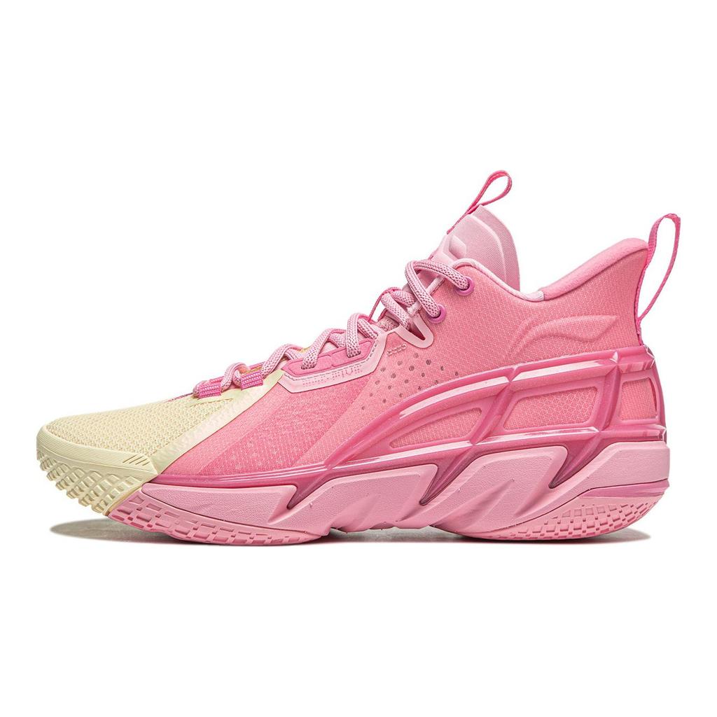 Li Ning BadFive 4 Амортизирующие износостойкие дышащие баскетбольные кроссовки средней высоты Мужские Розово-желтые ABFU015-2