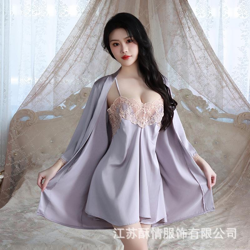 Crispy new spring and summer comfortable pajamas backless sweet embroidered lace suspender pajamas women's cardigan loungewear set