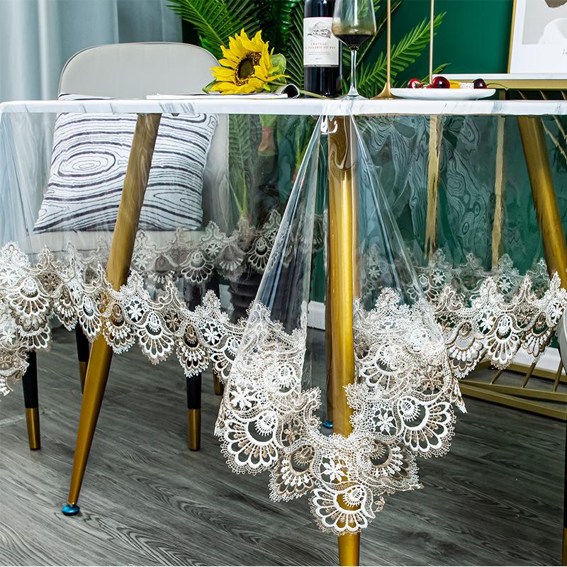Прозрачная мягкая стеклянная скатерть Водонепроницаемый маслостойкий мягкий ПВХ коврик для стола, свисающий вниз Кружевная вышитая квадратная скатерть