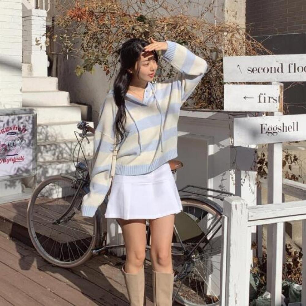 New Arrivals Open Run Thin STripe Hooded KniT Long Sleeve Sky Blue Spring T Shir