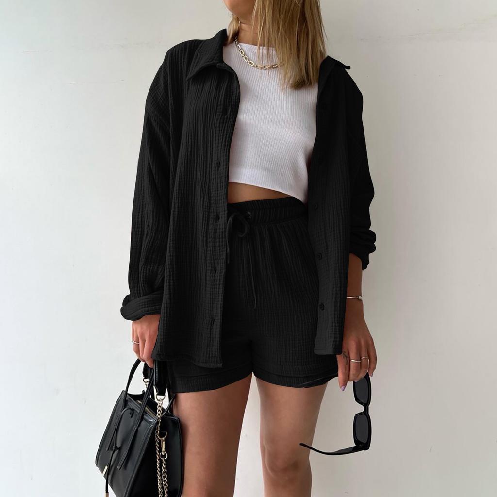 Two Piece Women's Summer Muslin Blouse Shirt And Shorts Clothes Two Piece Set Beach Outfit Set Two Piece Set Women