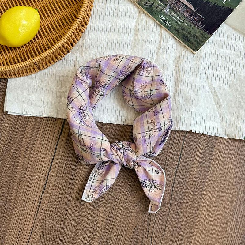 Silk Scarf Neck Small Square Scarf New Fresh Yellow-green Pink-purple Plaid Scarf Headscarf Summer Pastoral Headband Tied Hair Streamer