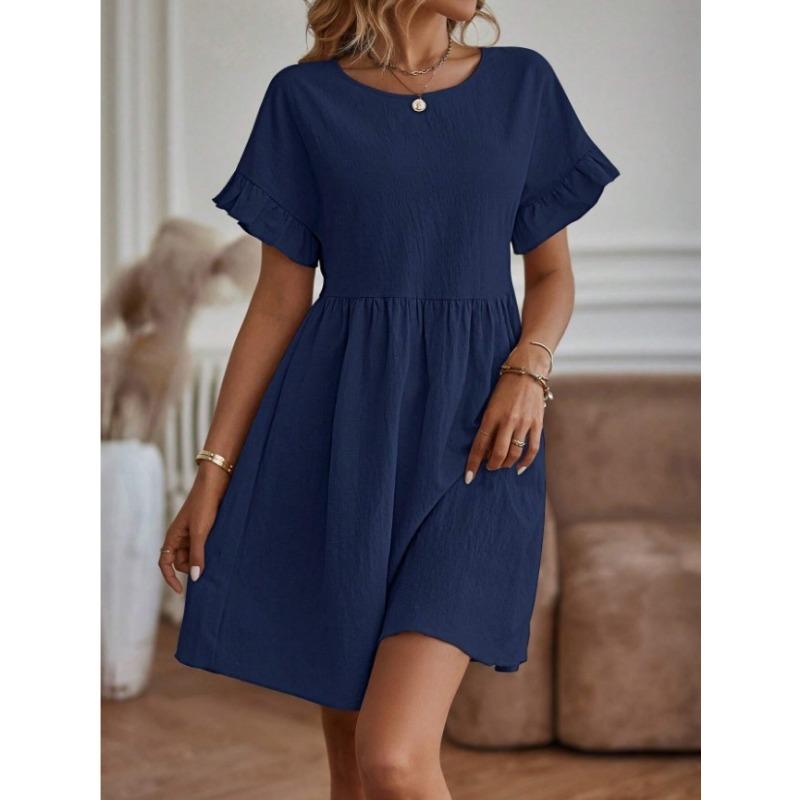 Women's Fashion Summer Spring Solid Color Print Short Sleeve O-Neck Loose Waistline Casual Dresses