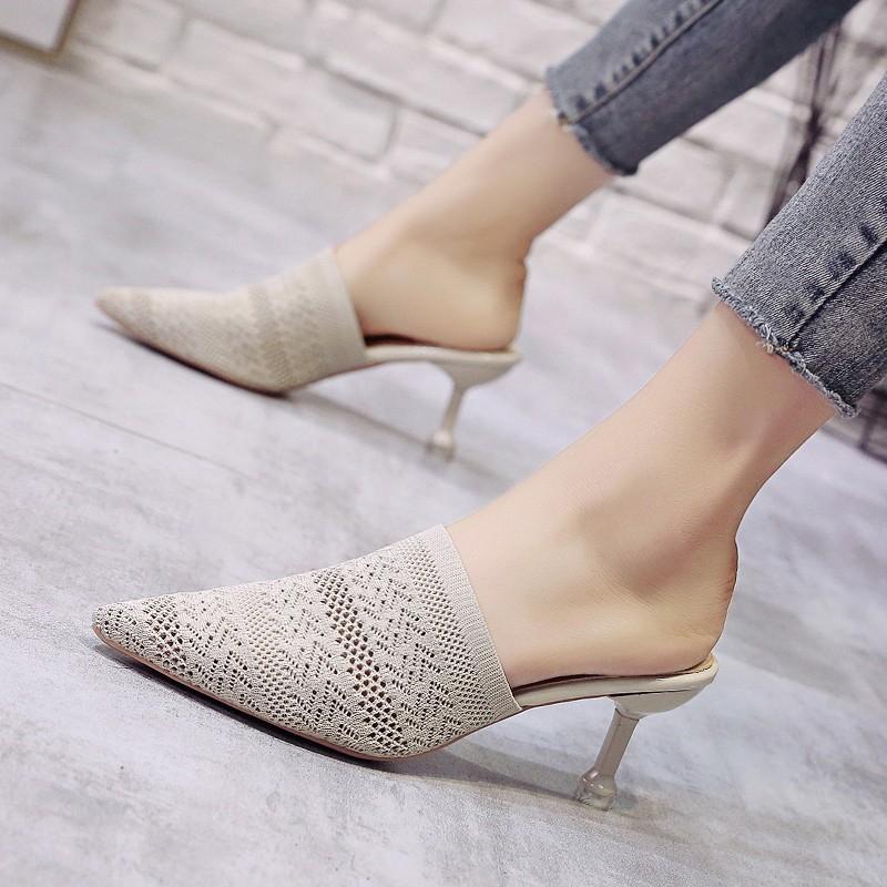 Сетчатые красные полутапочки Lazy Baotou, женская летняя модная верхняя одежда, пикантная женская обувь на тонком каблуке с острым носком на высоком каблуке
