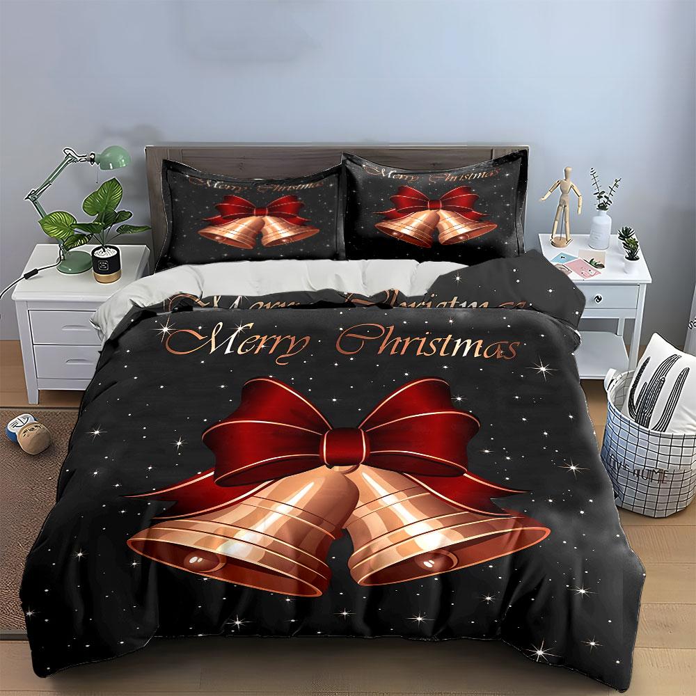 Christmas Bells with Red Bow Bedding Duvet Cover Set Duvet Cover Pillowcases (1*Duvet Cover 2*Pillowcases, without duvet insert)