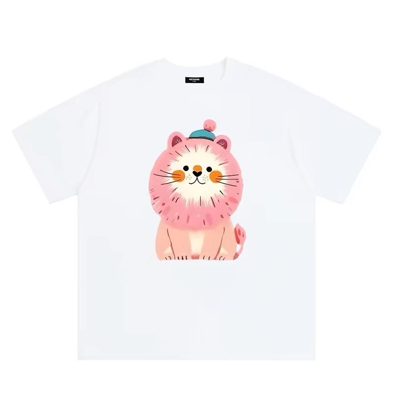 ZAZOMDE Cute Pink Lion with PomPom Hat Print TShirt Unisex Casual Soft Cotton Round Neck Short Sleeve Summer Daily Cartoon Top
