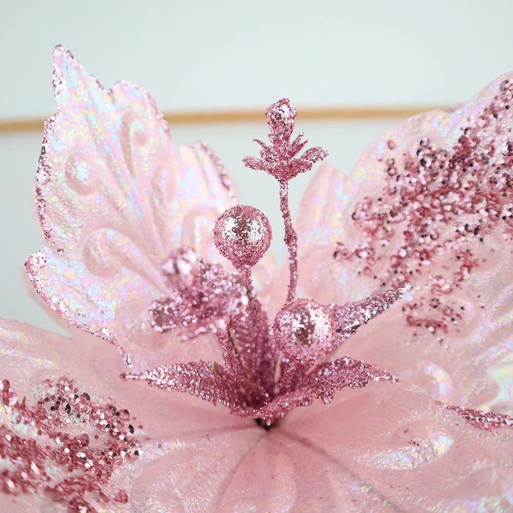 New 25CM Artificial Silk Flower Silk Pink Fabric Flower Arrangement Ins Style Sequin Decorating Flowers Christmas Tree
