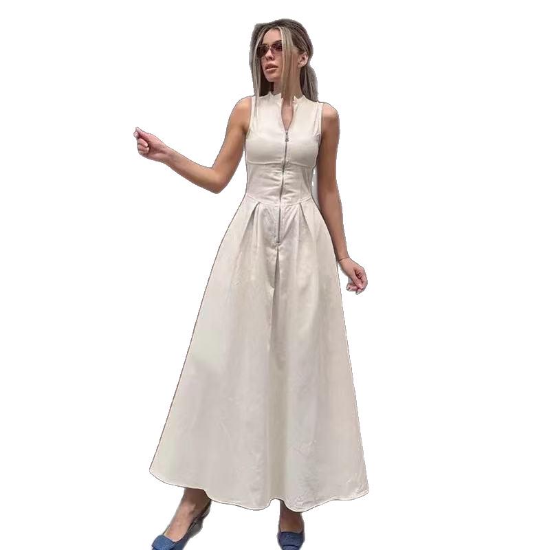 Women's Khaki French Linen A-line Dress: Autumn 2025 Waist-cinching Style