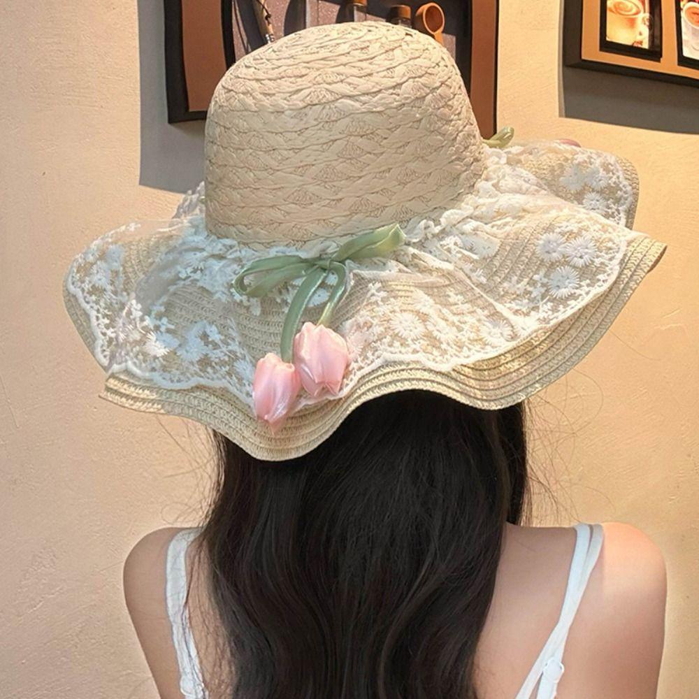 Wide Brim Straw Hat Tulip Sunscreen Hat Fashion Sunshade Hat Summer