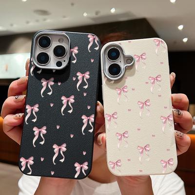Розовый чехол с бантом для iPhone 16 Pro 15 14 Plus 13 12 Pro Max 11, противоударный кожаный текстурный мягкий тонкий матовый чехол из ТПУ