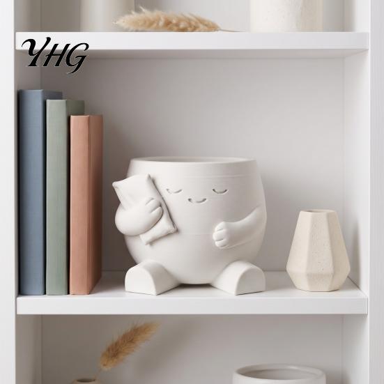 Cute Desktop Plant Container 3D Printed Character Succulent Planter, Sleepy Face Flower Pot with Office Desk Storage Organizer Pillow, Mini for Indoor