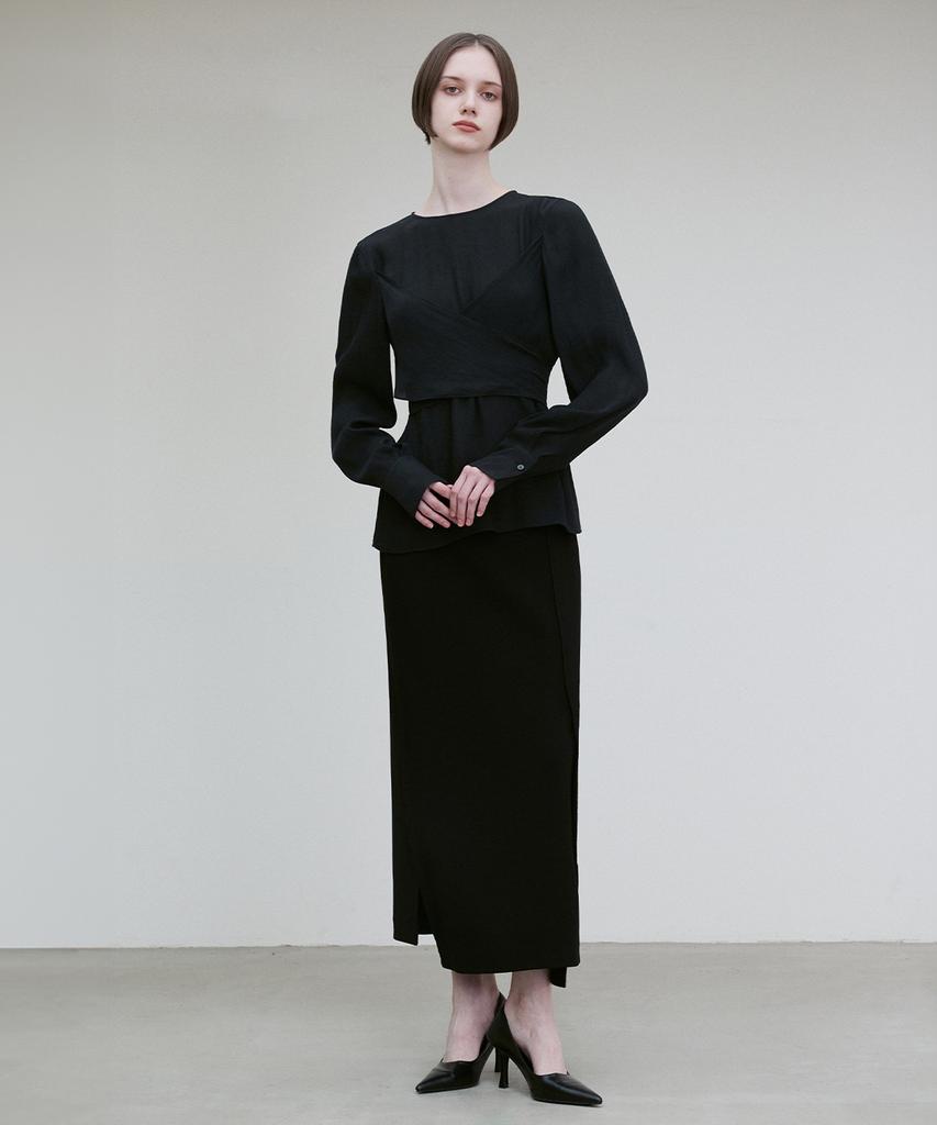 RE RHEE Pleated Wrap-Around Blouse Black