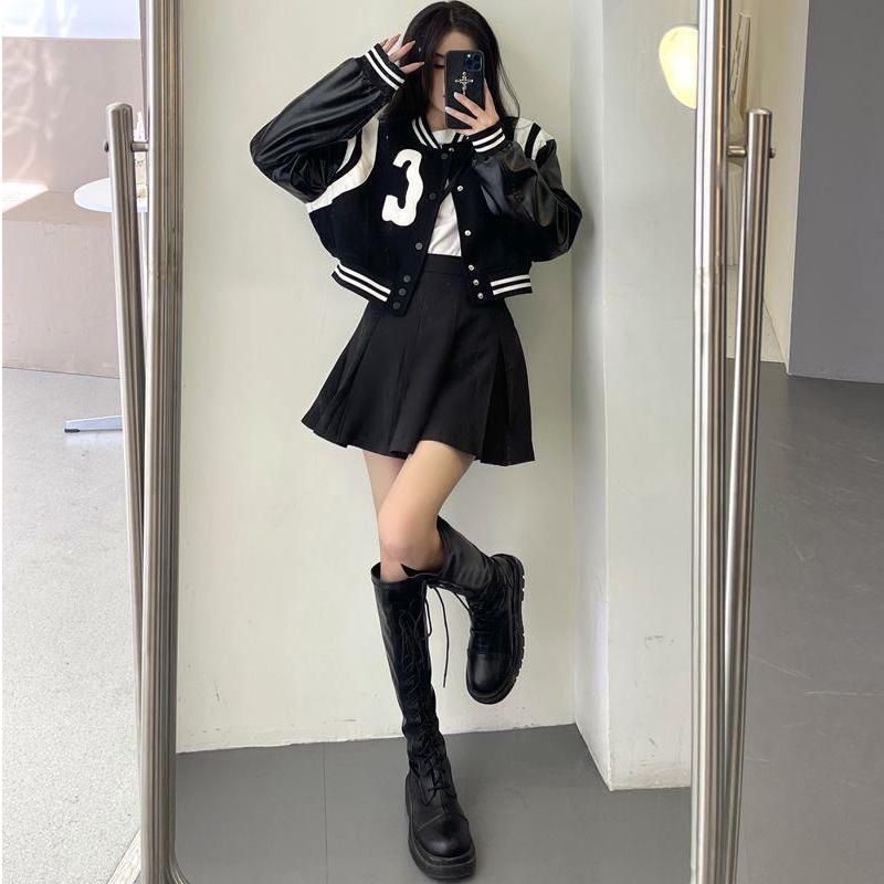 Jackets Women's Bomber Black Coats Leather Baseball Short Coat Y2k Jacket Woman Goth Clothing Streetwear