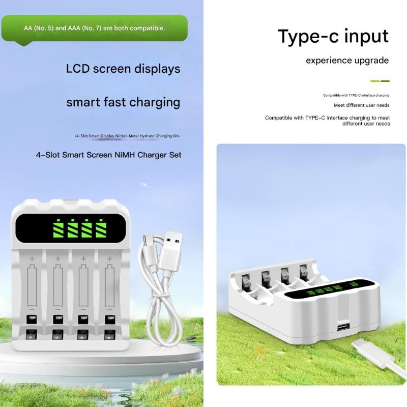 Зарядная станция с портом USB Type C для NiMH аккумуляторов, 4 слота, ЖК-экран, для перезаряжаемых аккумуляторов 2А и 3А, выход 1800 мА 900 мА